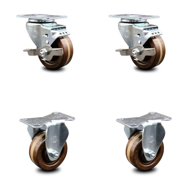 3 Inch High Temp Phenolic Swivel Top Plate Caster Set with 2 Brakes 2 Rigid SCC